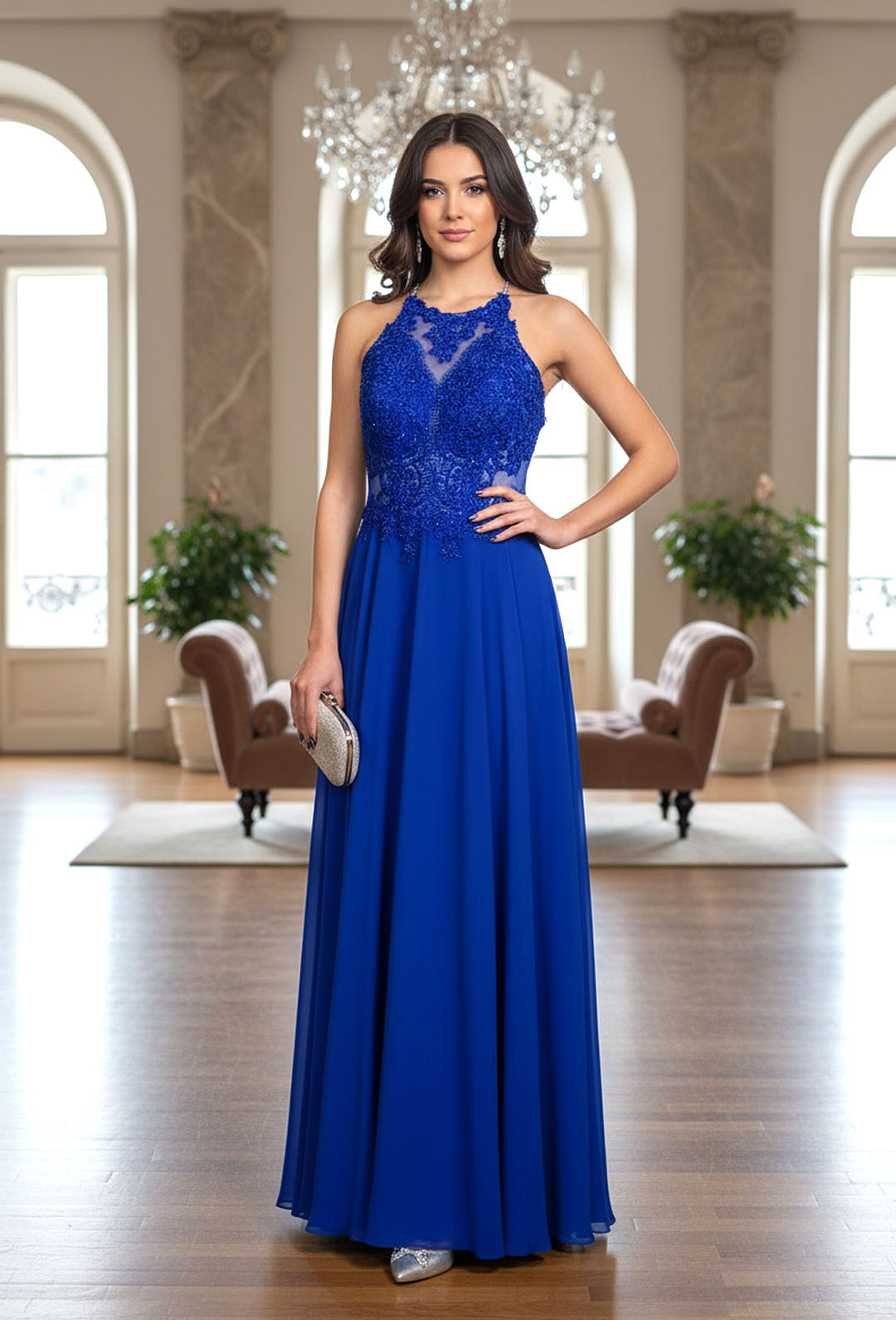 Elegante abito svasato con schiena scoperta