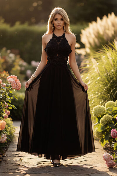 Elegante abito svasato con schiena scoperta