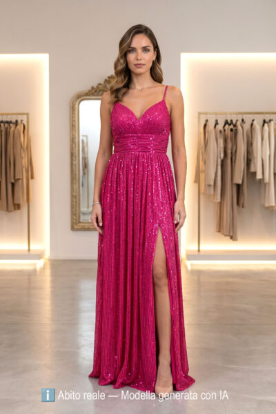 Abito lungo in paillettes di colore fucsia