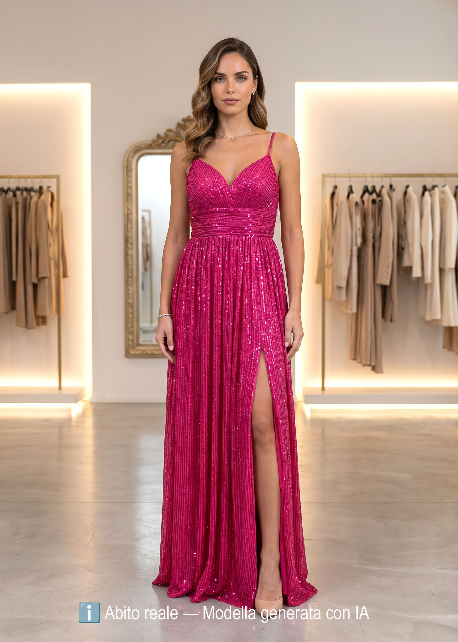 Abito lungo in paillettes di colore fucsia