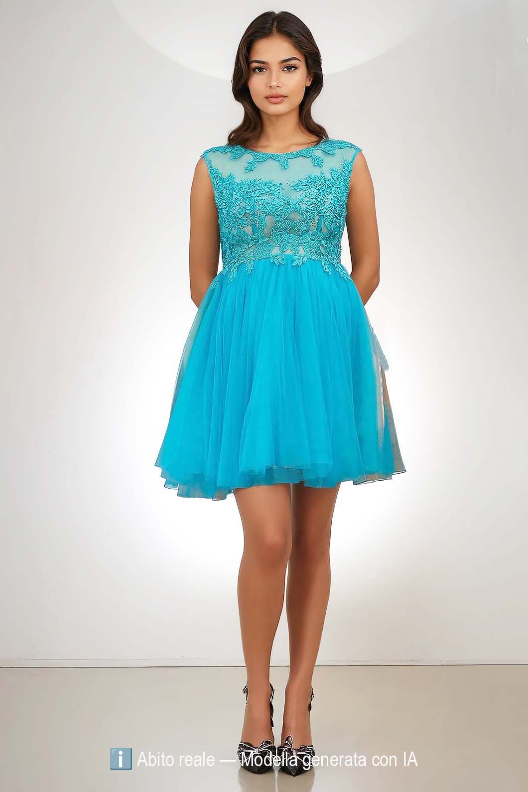 Elegante abito svasato in tulle e pizzo