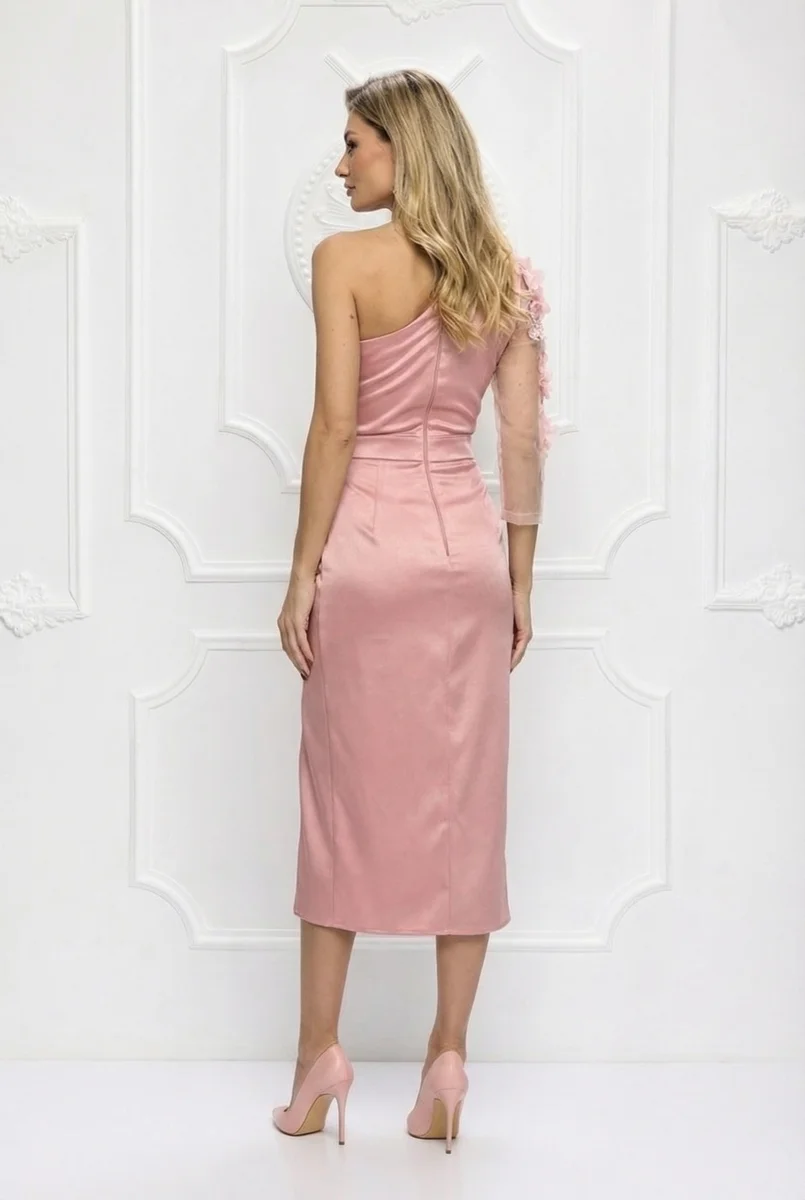 Elegante abito longuette con pizzo 3D e spacco - immagine 3
