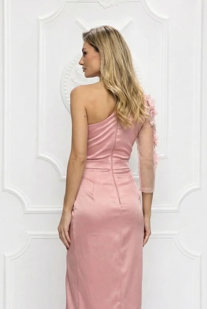 Elegante abito longuette con pizzo 3D e spacco - immagine 4